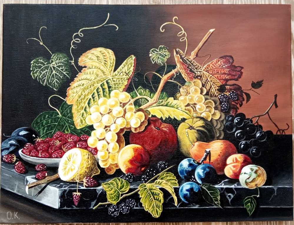 Картина "Натюрморт с фруктами" ,      30х40 см,      холст,      масло
